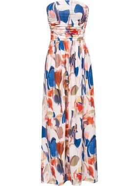 〽️Women’s Blue Brown Boho Strapless Maxi Dress Long Flowy Ruched Pockets Casual